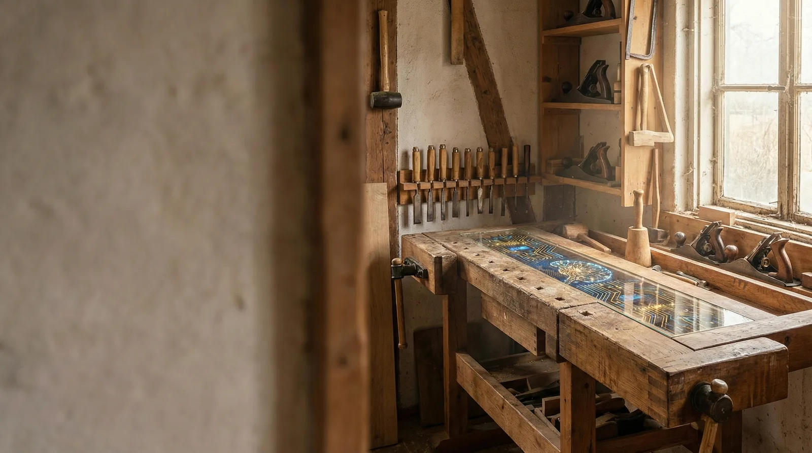 A rustic woodworking workshop with chisels and hand planes, a glowing blue circuit pattern inlaid in the wooden bench by a window.