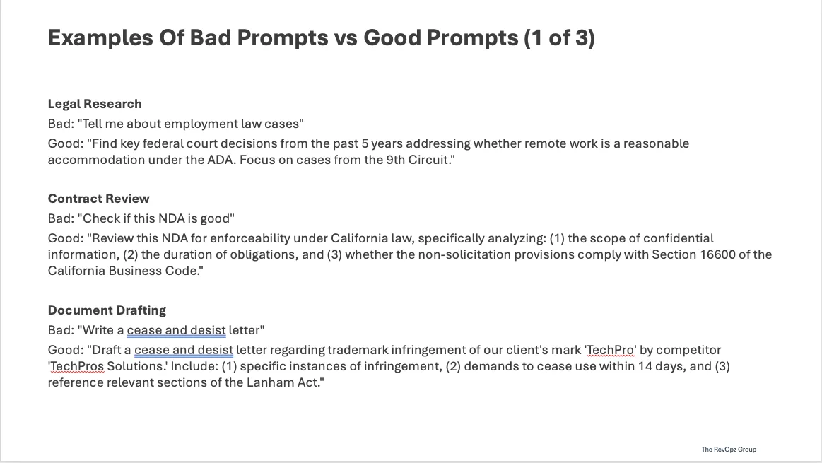 Slide comparing bad versus good prompts for legal research, contract review, and document drafting.