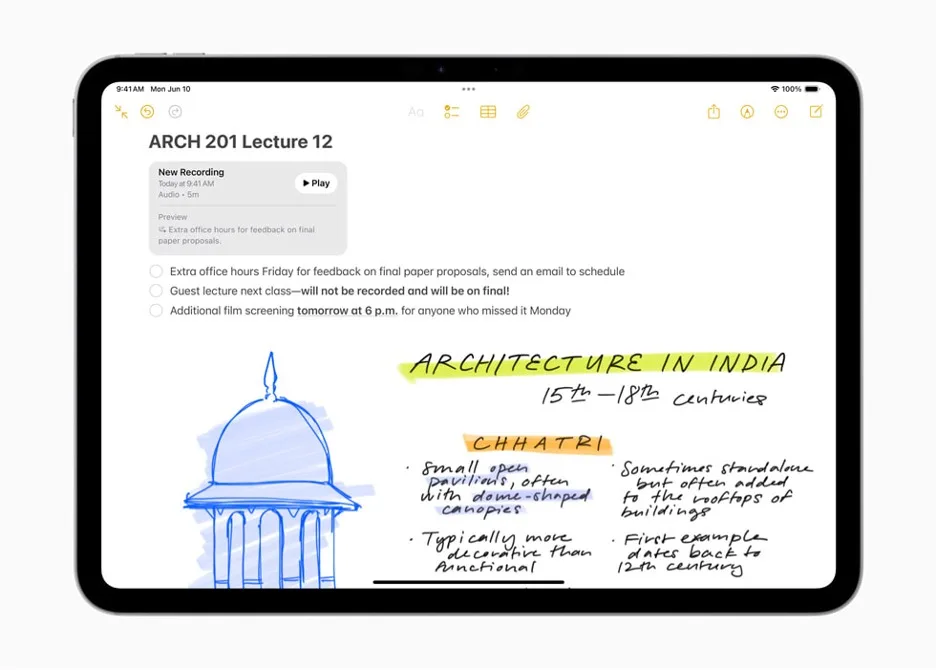 Tablet showing a notes app titled ARCH 201 Lecture 12 with handwritten architecture notes.