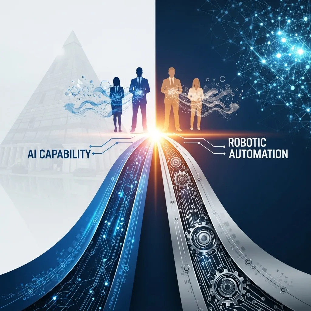 Two converging paths labeled AI Capability and Robotic Automation with business figures and gears.