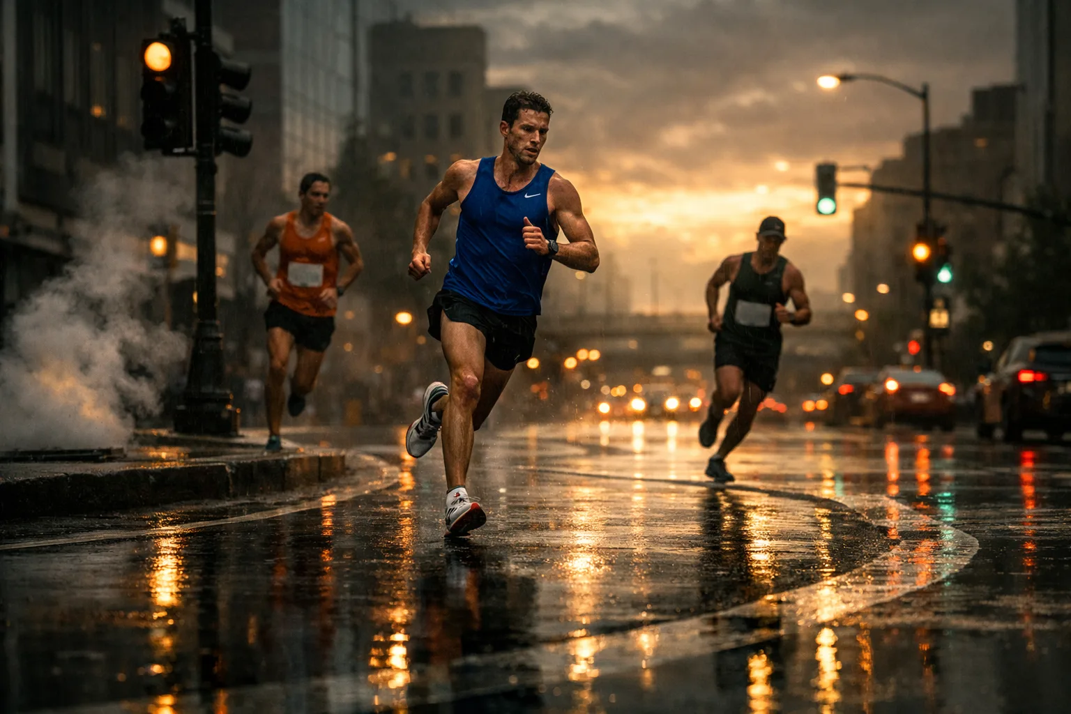 Runners racing down a wet city street at dusk, reflections and steam under glowing lights.
