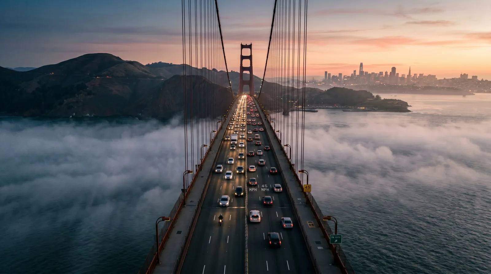 Aerial view of Golden Gate Bridge traffic at sunset with fog and San Francisco skyline beyond.