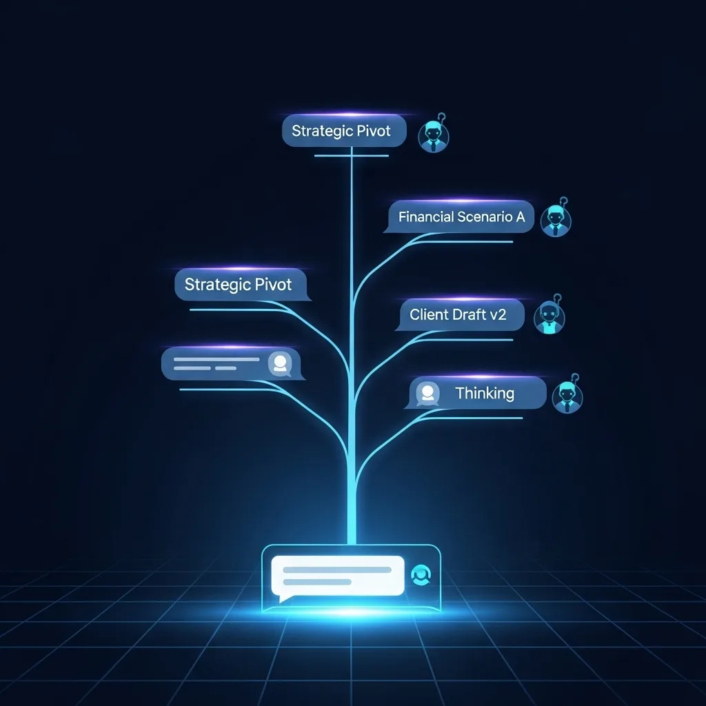 Glowing blue branching tree of chat bubbles labeled Strategic Pivot, Financial Scenario A, Client Draft v2, Thinking.
