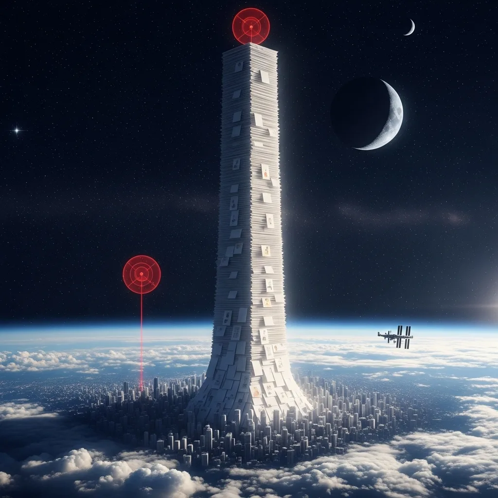 Towering stack of paper rising from a city into space, with red targets and a crescent moon.