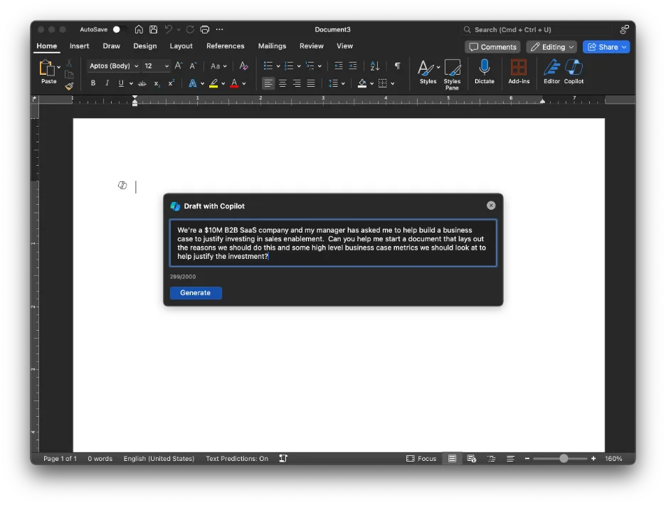 Word Copilot prompt asking for a business case to justify investing in sales enablement