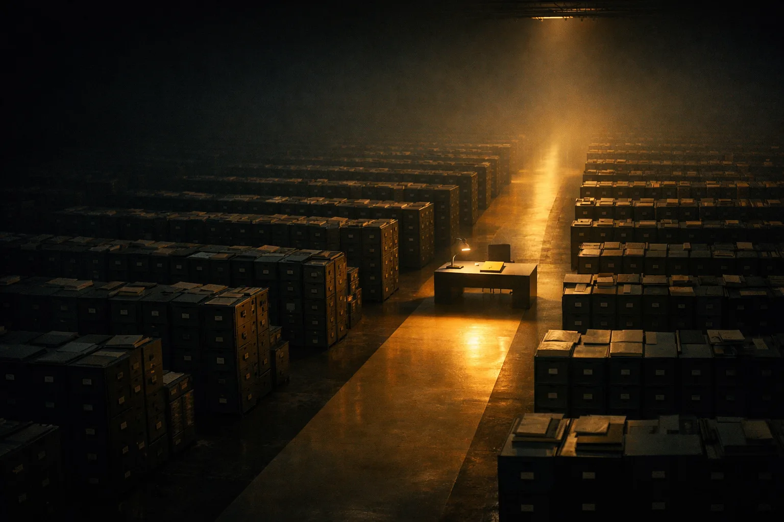 Vast dark warehouse of filing cabinets with a single lamp-lit desk in a golden light beam.