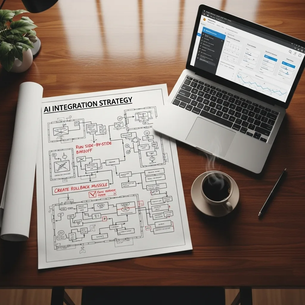 AI Integration Strategy flowchart on paper marked run side-by-side bakeoff and create rollback muscle.