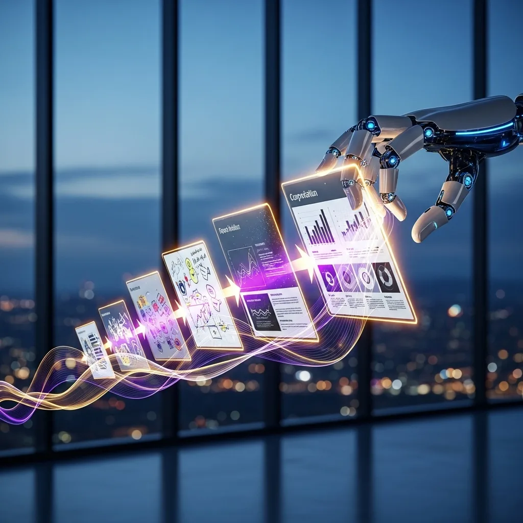 Robotic hand touching glowing floating report and chart panels above a city skyline at dusk.