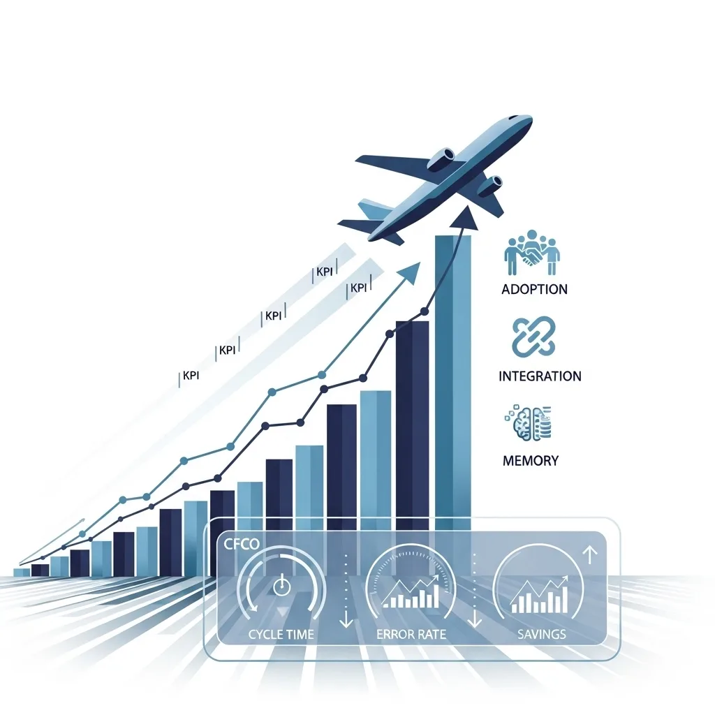 Rising blue bar and line chart with airplane, KPI labels, and adoption, integration, memory icons