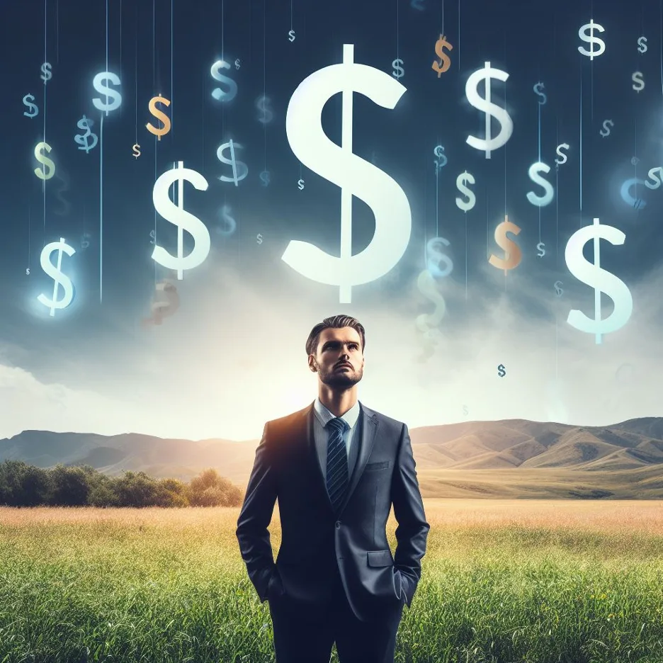Man in a dark suit stands in a field looking up at large floating dollar signs in the sky.