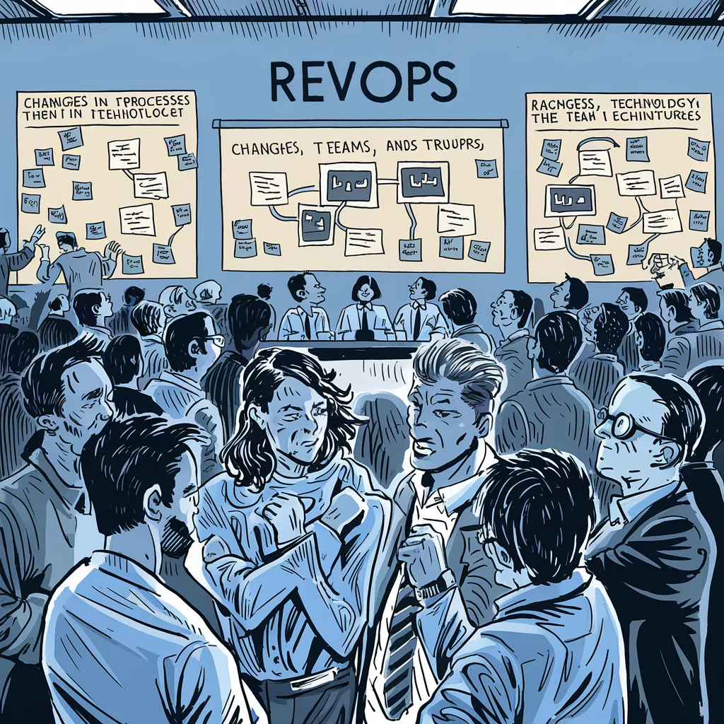 Blue-toned sketch of a crowd before a board titled RevOps covered with sticky notes and diagrams.