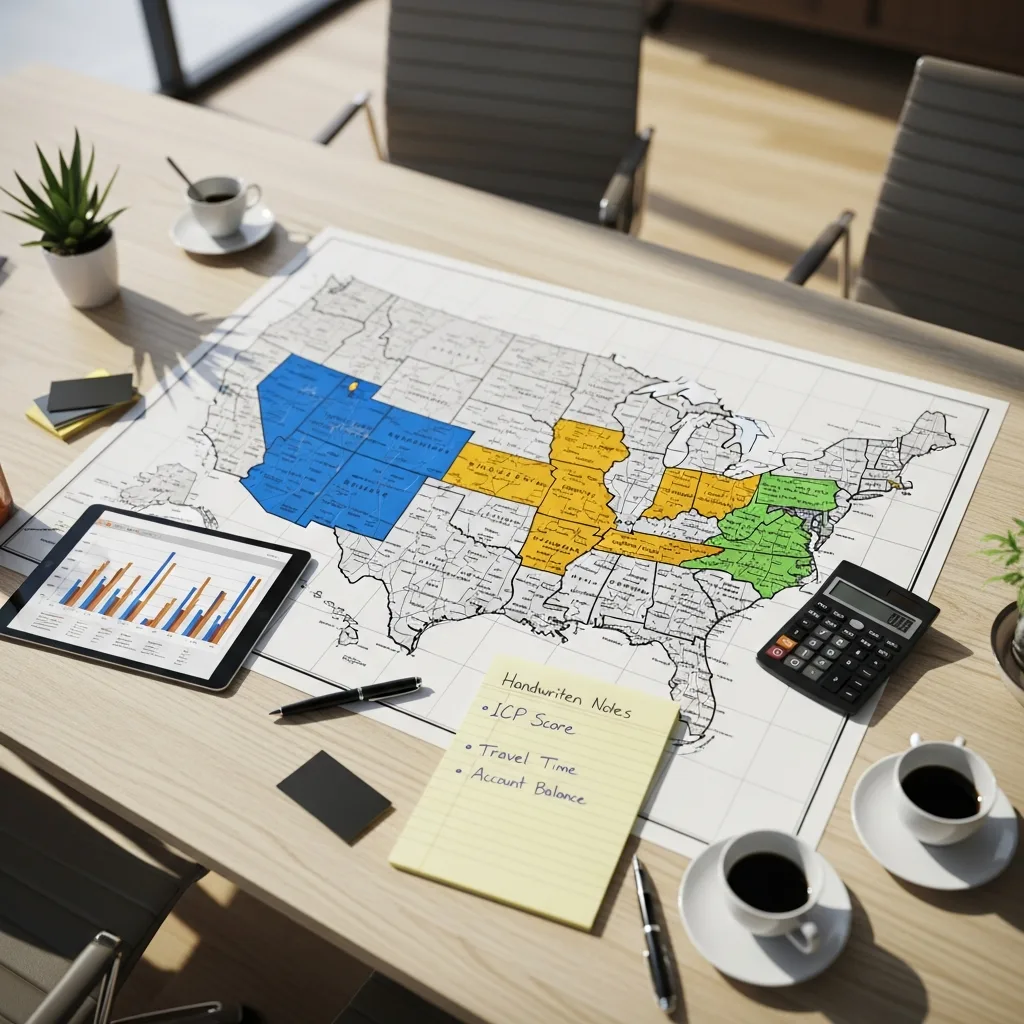 Overhead view of US map on a table, regions colored blue, yellow, green, with tablet and notepad.