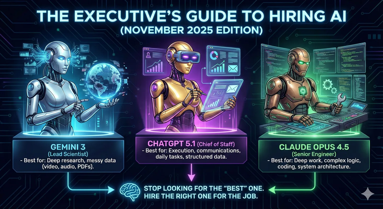 The Executive's Guide to Hiring AI, comparing Gemini 3, ChatGPT 5.1, and Claude Opus 4.5 roles.