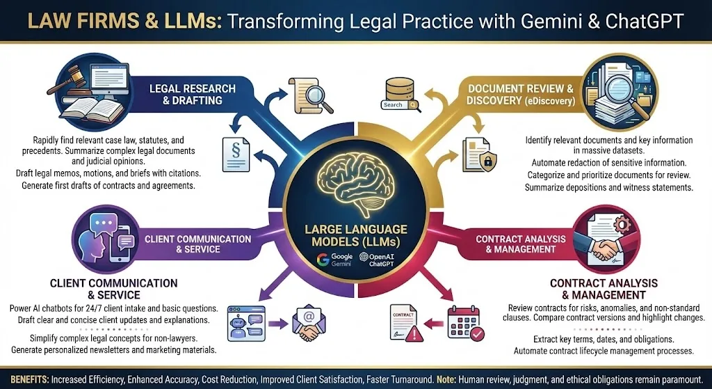 Diagram of LLM uses in law firms: research, document review, client communication, and contract analysis.