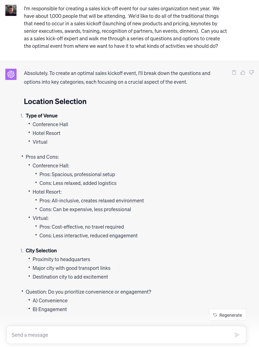 AI chat outlining sales kickoff location selection with venue types, pros and cons, and city selection options.