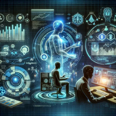 Two people work at computers below a glowing blue human figure and dashboards, dark futuristic scene.