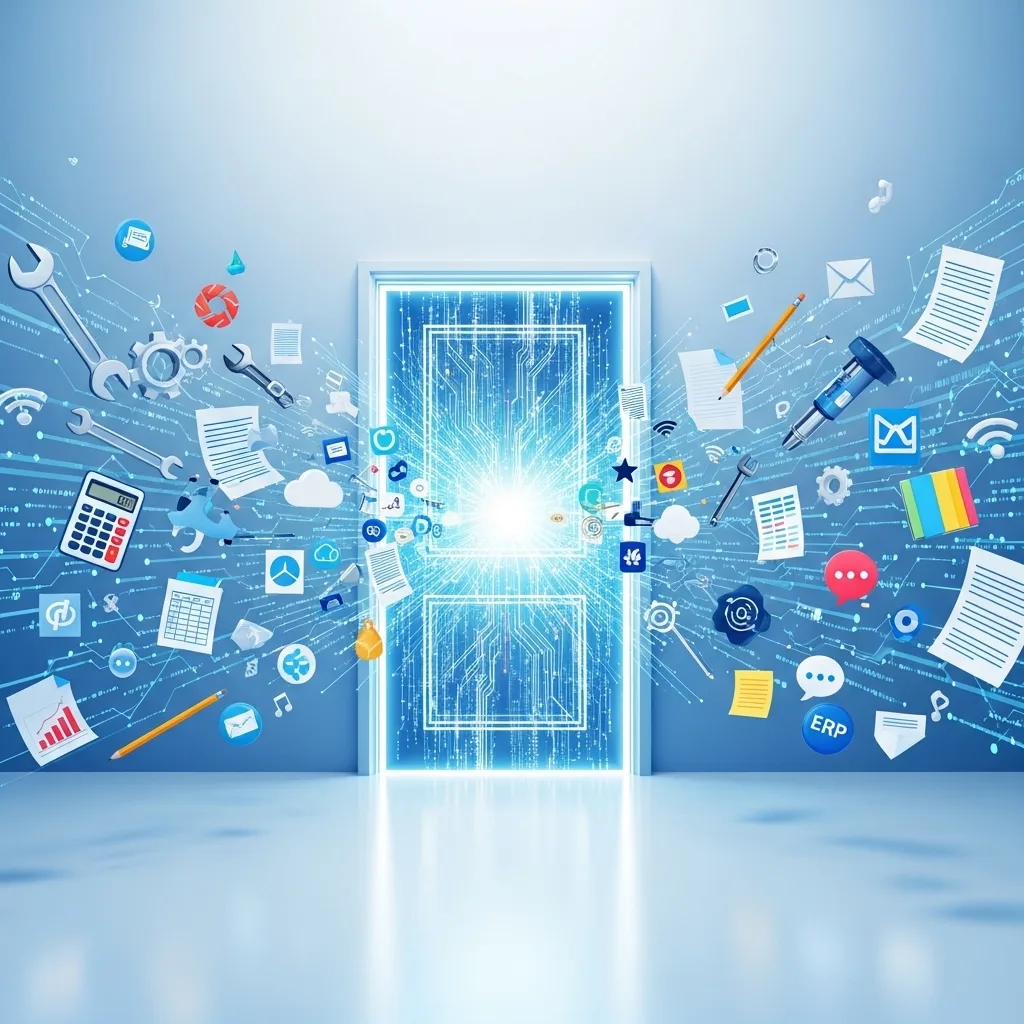 Glowing digital doorway in a blue room with software and document icons streaming toward it.