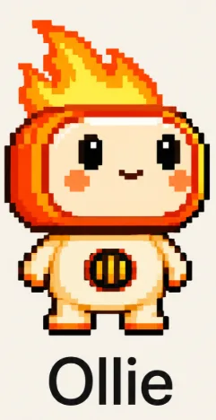 A small pixel-art character from OpenAI Dots, with flame-shaped hair, a smiling round face, and a striped emblem on its chest, labeled Ollie.