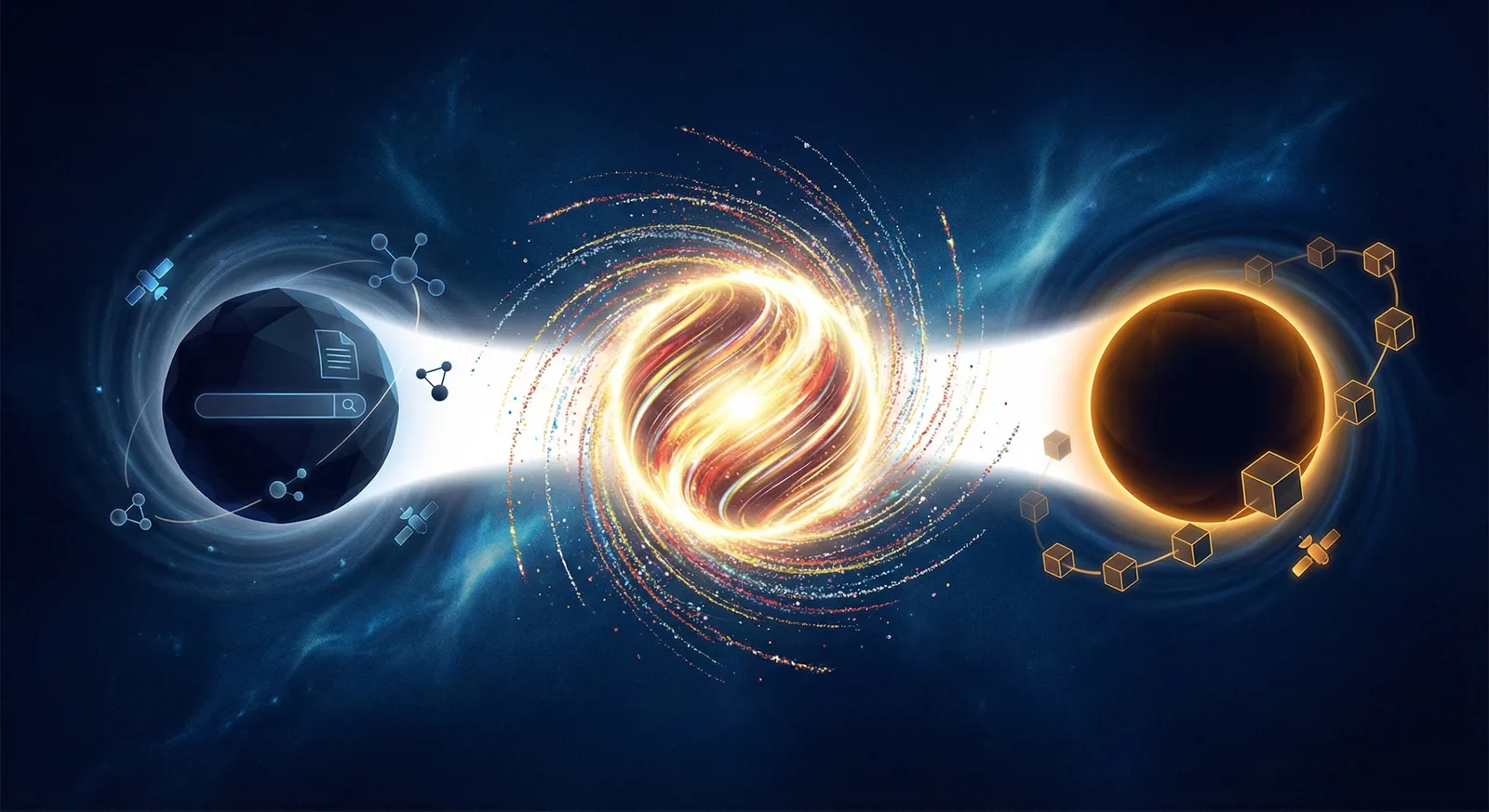 A glowing swirling energy sphere in space connecting a dark planet with a search bar to a bright planet with blockchain cubes.