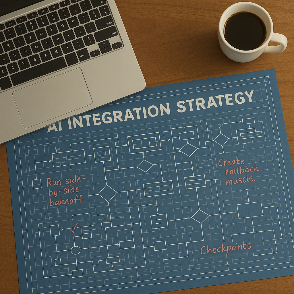 Blueprint titled AI Integration Strategy with notes on side-by-side bakeoff, rollback, and checkpoints.
