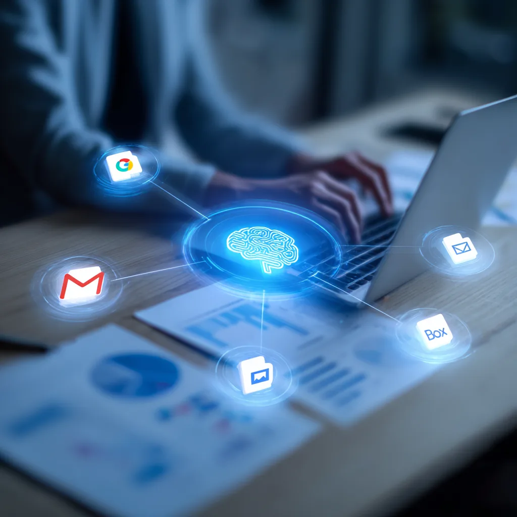 Person typing on a laptop with a glowing blue brain icon linked to Google, Gmail, and Box app icons.