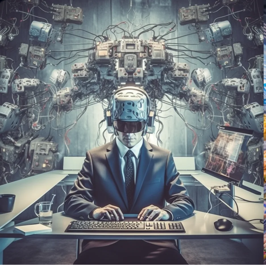 Surreal image of a suited man at a keyboard wearing a wired helmet linked to wall-mounted machines.