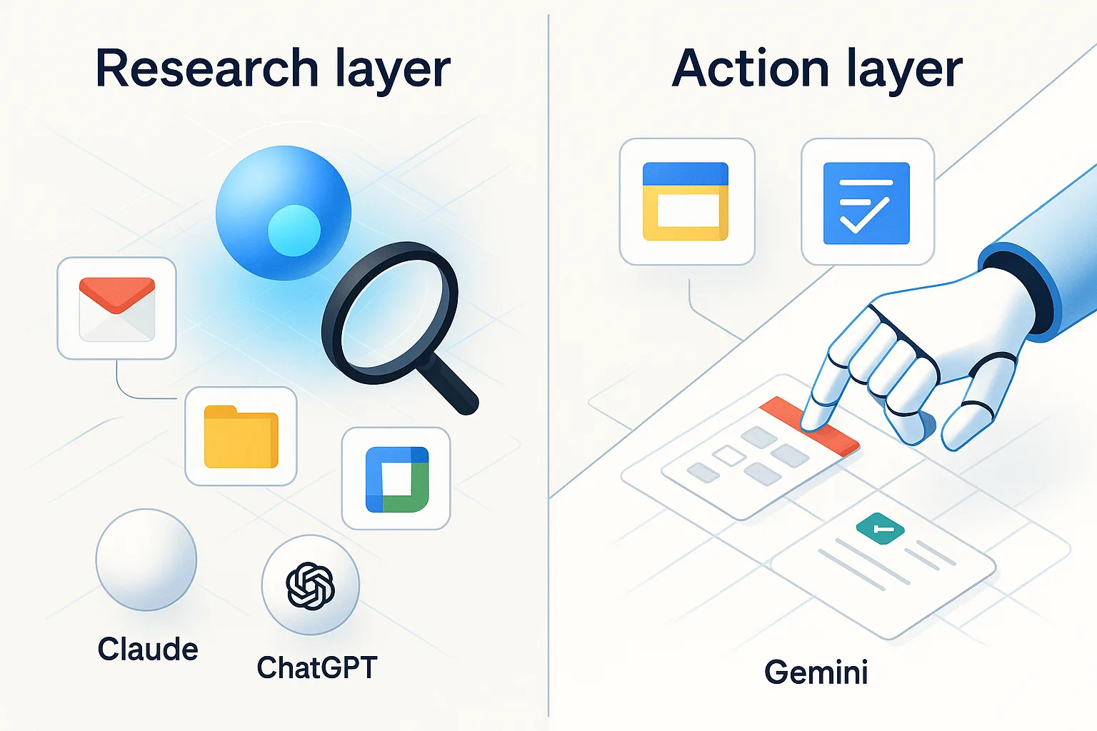 Split graphic, Research layer with Claude and ChatGPT icons, Action layer with robot hand and Gemini