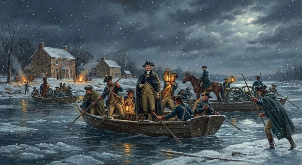 Painting of George Washington and soldiers crossing an icy river by boat at night in winter.