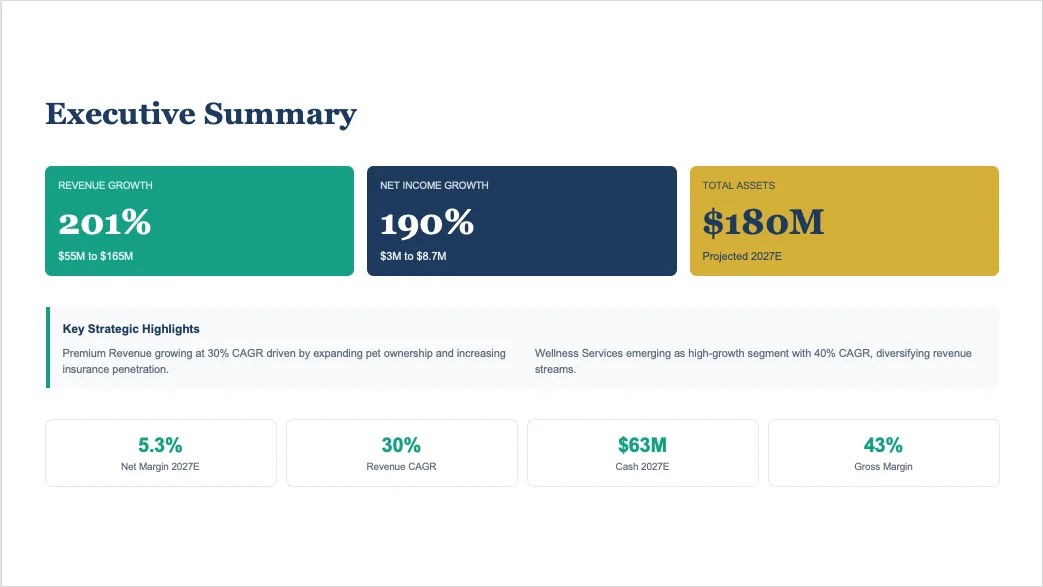 Executive Summary slide with cards showing 201% revenue growth, 190% net income growth, and $180M total assets.