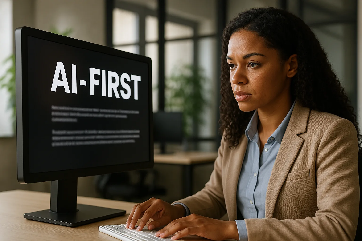 Woman in tan blazer typing at a desk facing a monitor displaying bold AI-FIRST text.
