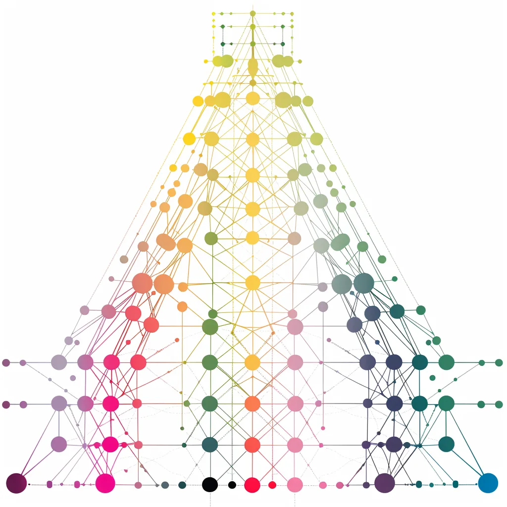 Triangular network of colorful connected dots and lines on a white background.