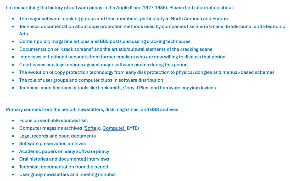 Prompt requesting research on Apple II era software piracy from 1977 to 1985.
