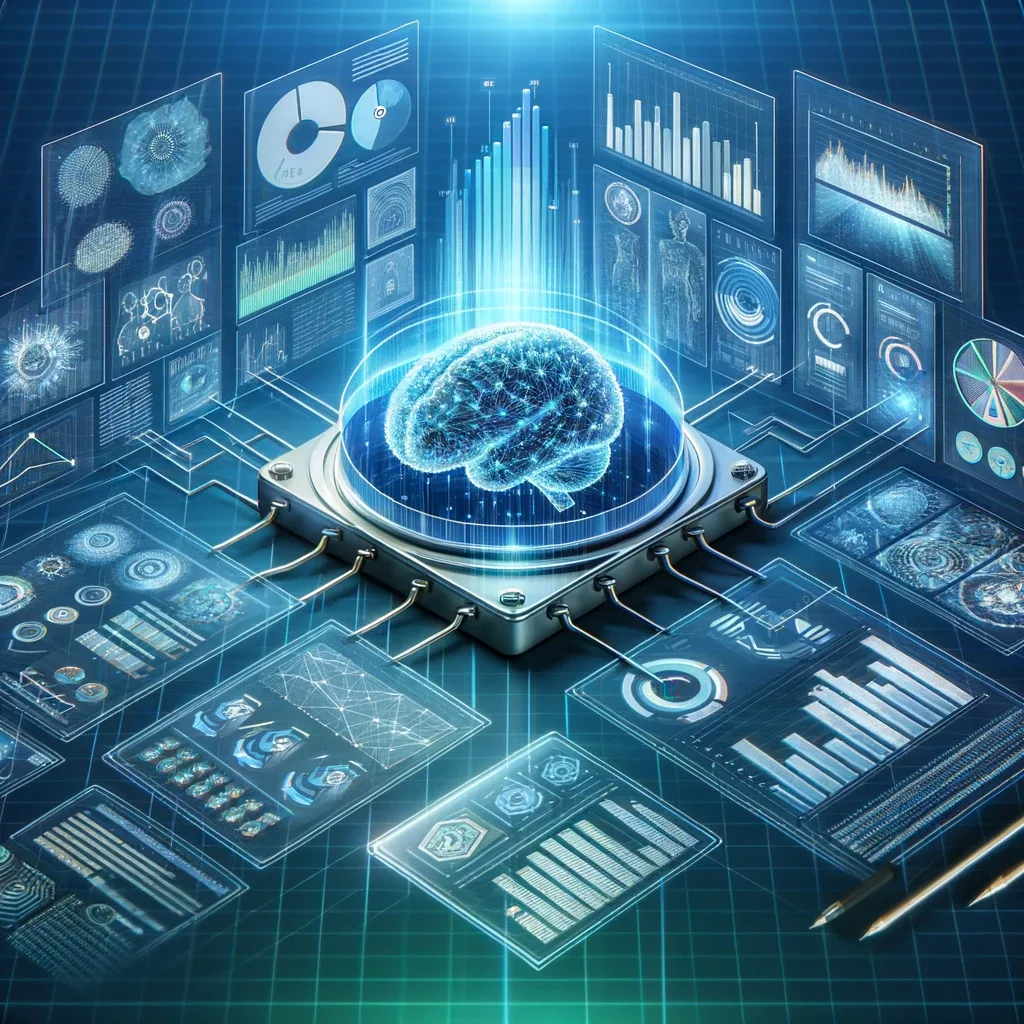 Illustration of a glowing brain chip connected to multiple dashboards and charts