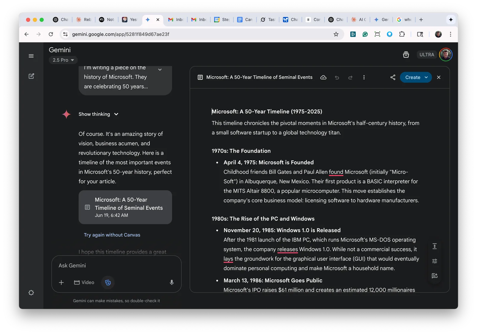 Gemini Canvas showing a Microsoft 50-year timeline document in the right panel.