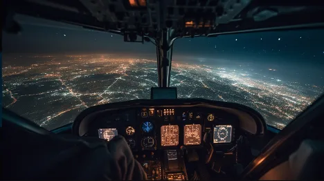View from a helicopter cockpit at night over a brightly lit city below.