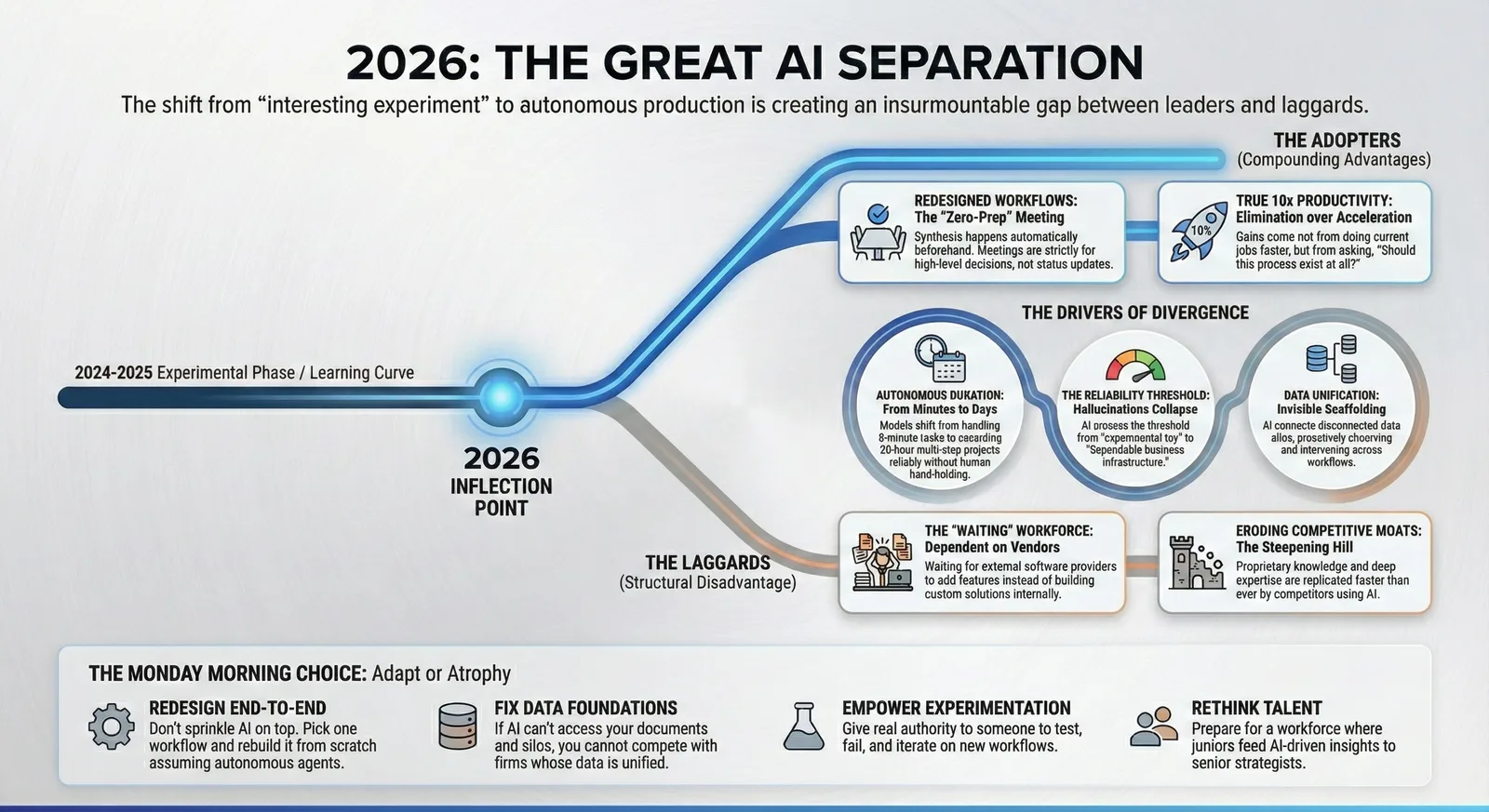 Infographic, 2026 The Great AI Separation, charting an inflection point splitting adopters from laggards and listing drivers of divergence.