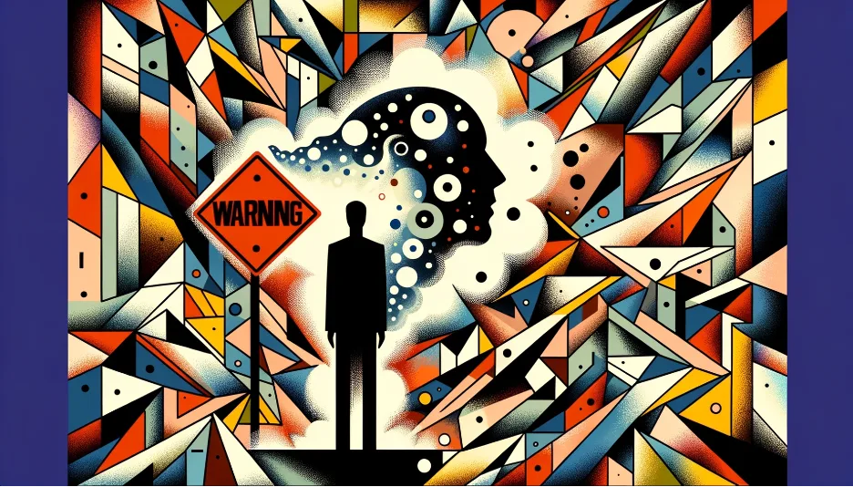 Abstract illustration of a silhouetted person beside a warning sign and a head full of bubbles