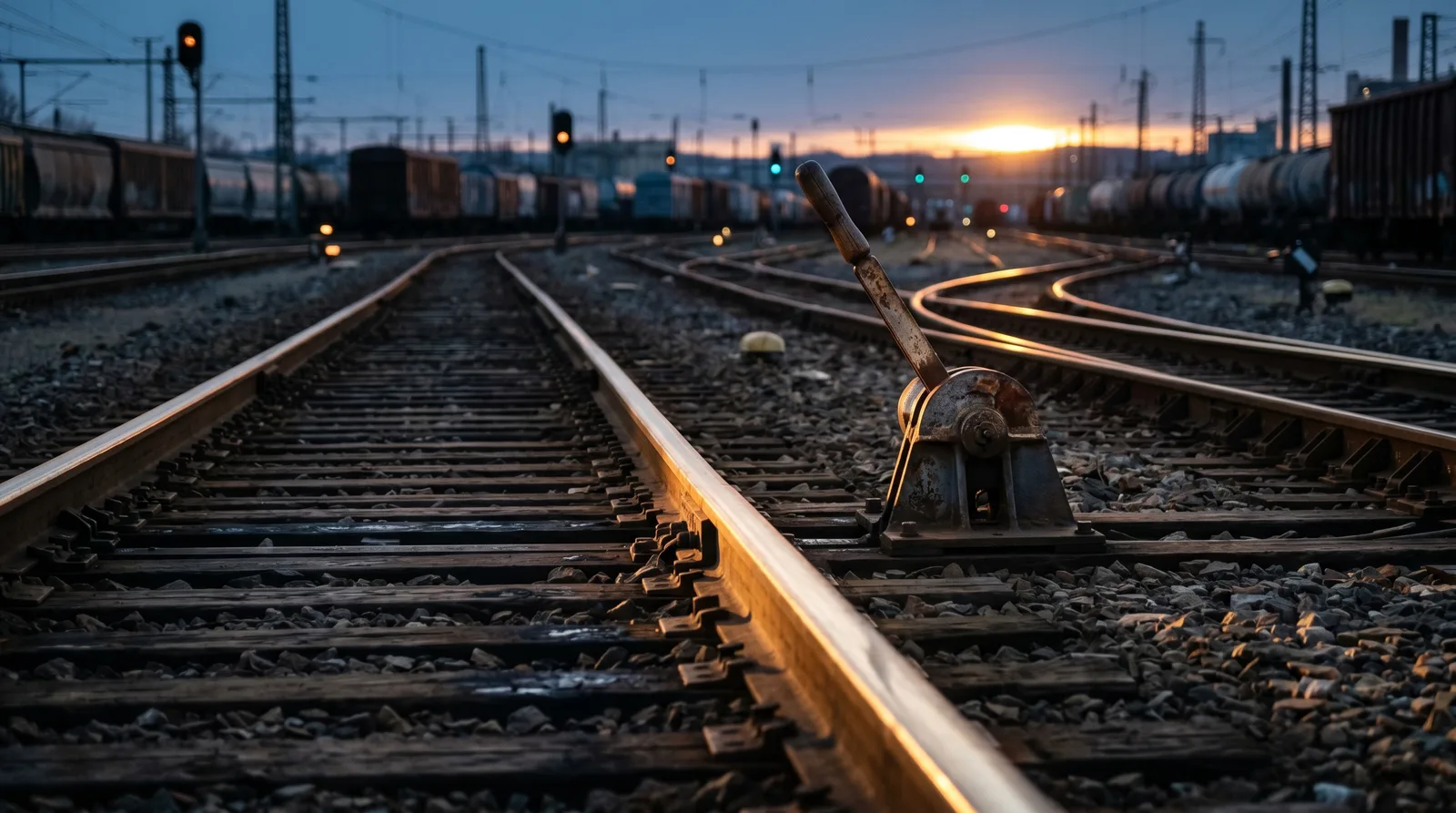 Railroad tracks at dusk with a rusty manual switch lever and freight cars in the yard.