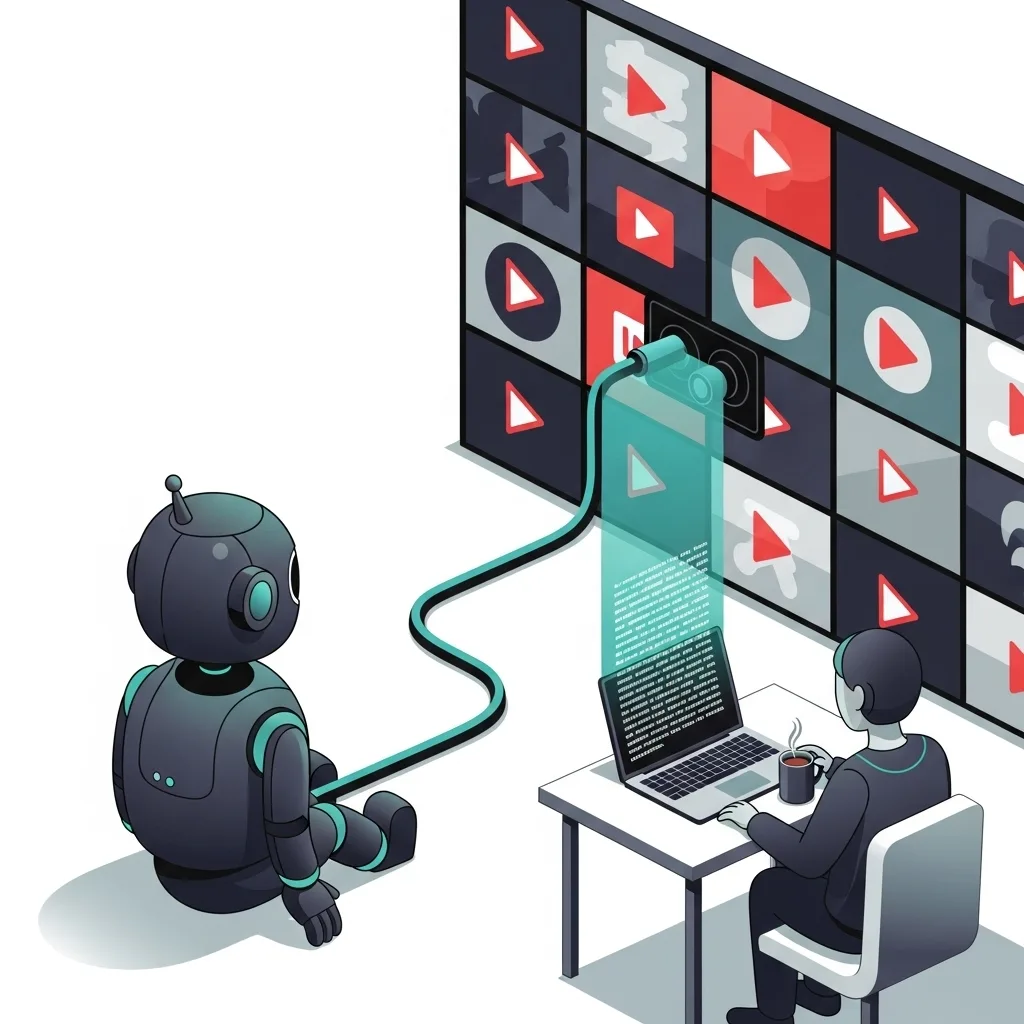 Robot linked by cable to a person at a laptop facing a wall of YouTube video thumbnails