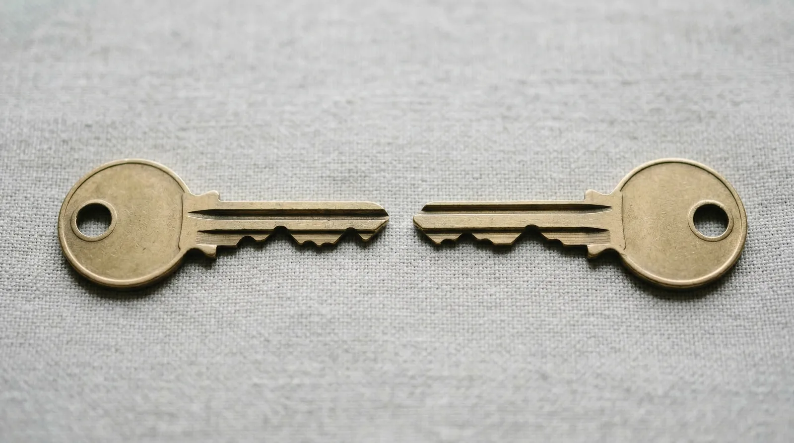 Two matching brass keys facing each other on gray linen fabric.