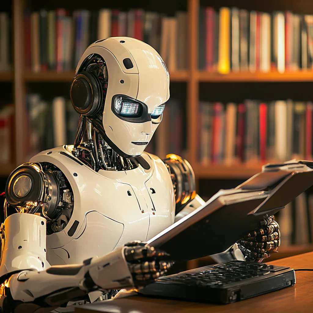 A white humanoid robot reading a tablet at a laptop in front of library bookshelves.