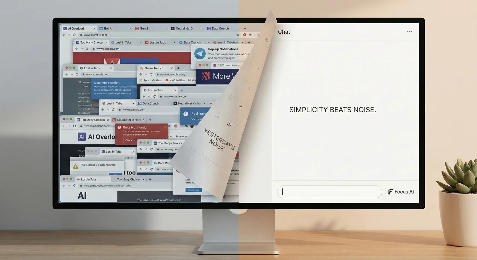 A monitor split between cluttered overlapping browser tabs labeled AI Overload and a clean chat reading SIMPLICITY BEATS NOISE.