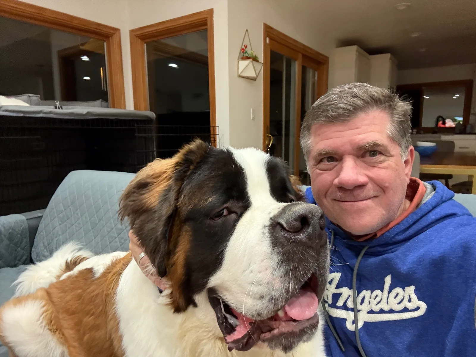 Man in a blue Los Angeles hoodie taking a selfie indoors with a large Saint Bernard dog.