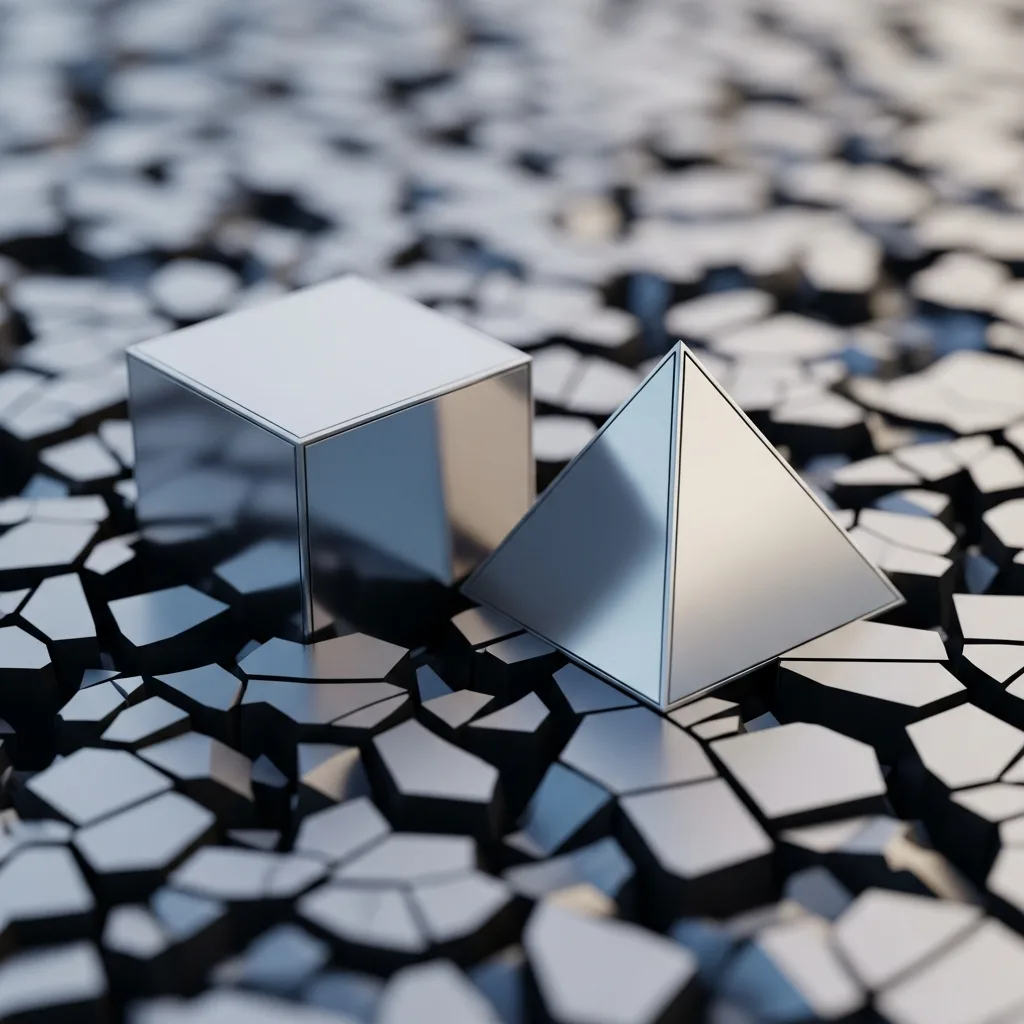Silver metallic cube and pyramid resting on a cracked, fragmented blue and gray surface.