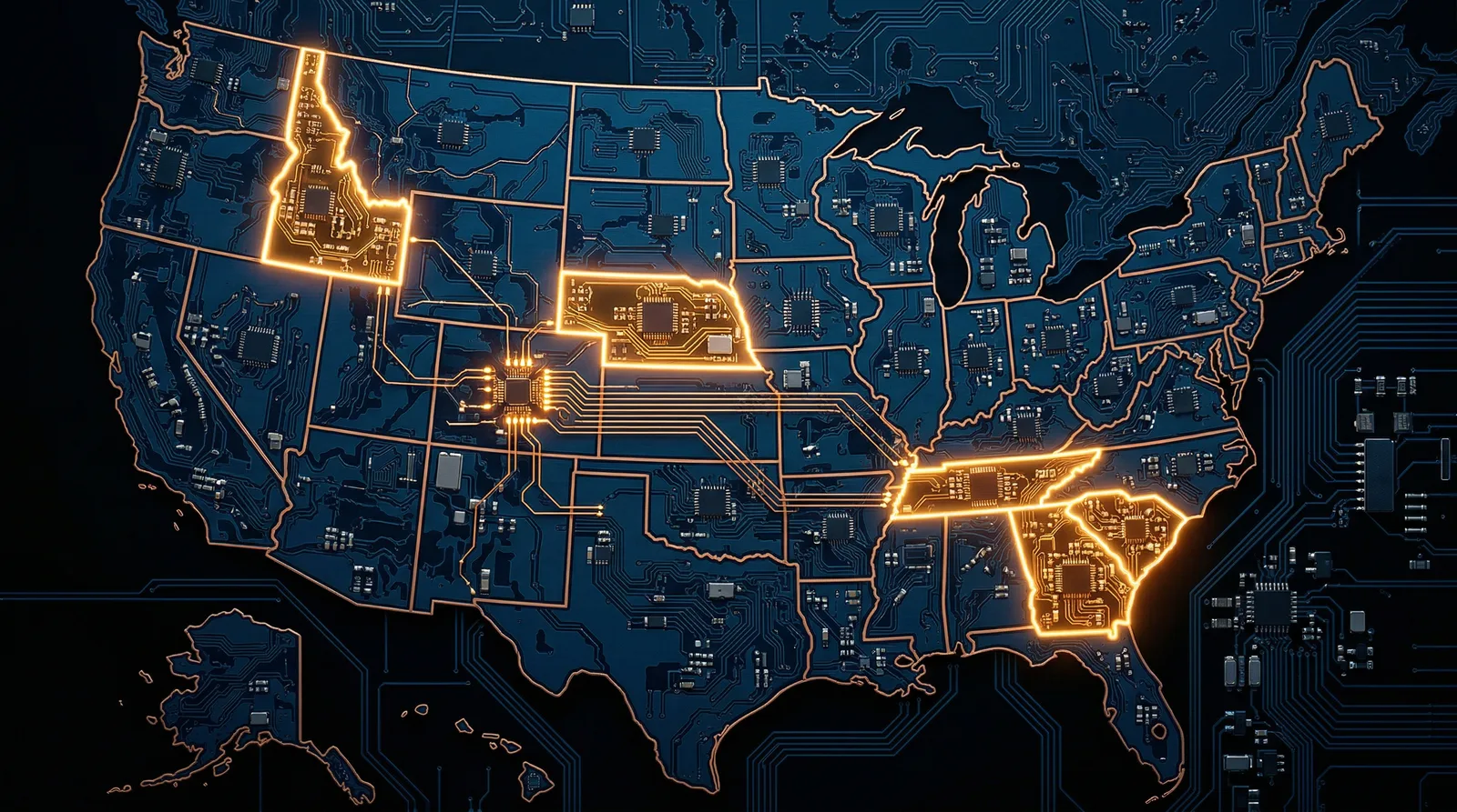 Map of the United States on a blue circuit board, several states glowing gold.