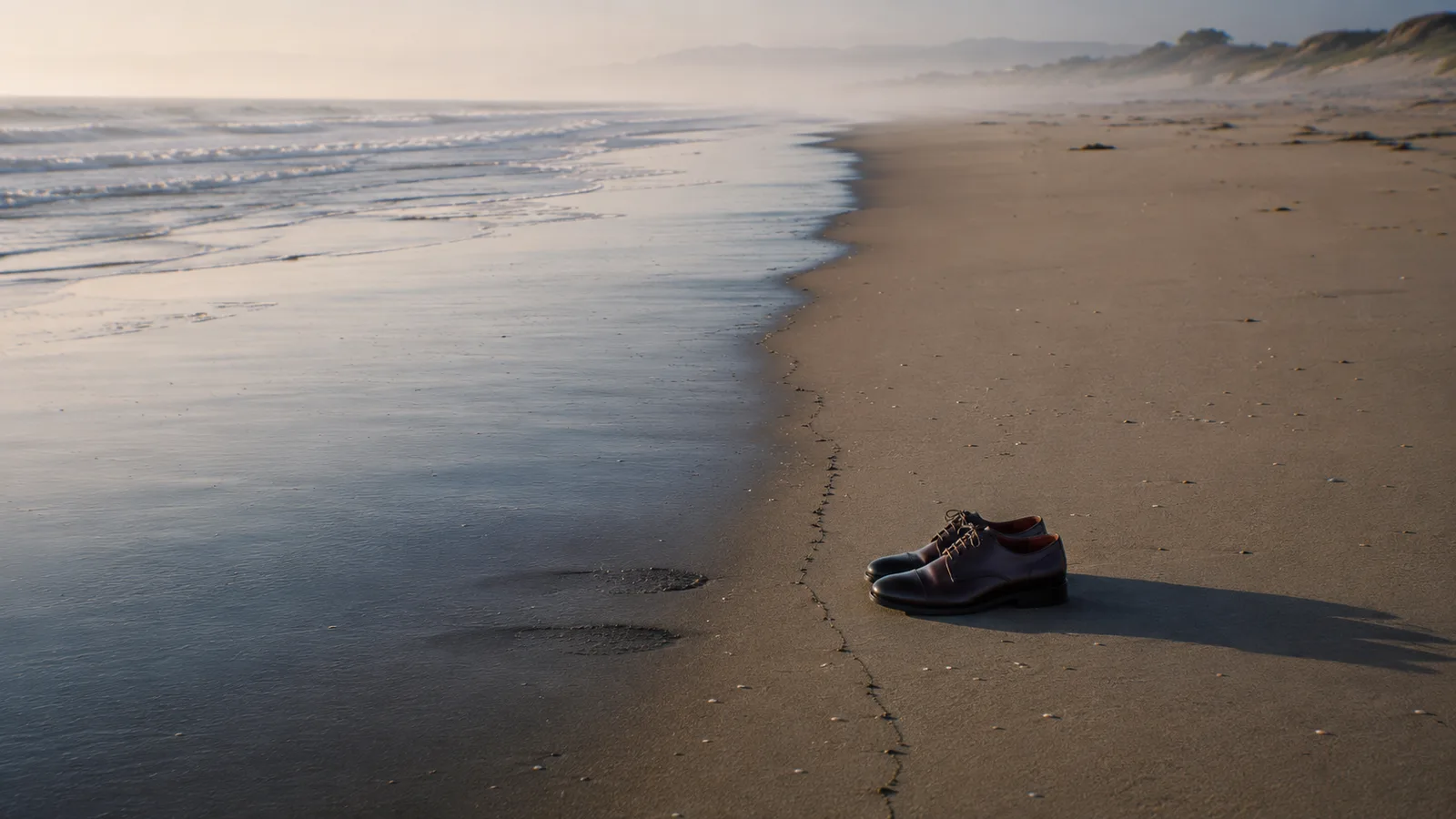 A single pair of leather dress shoes left at the waterline on an empty beach at dawn.