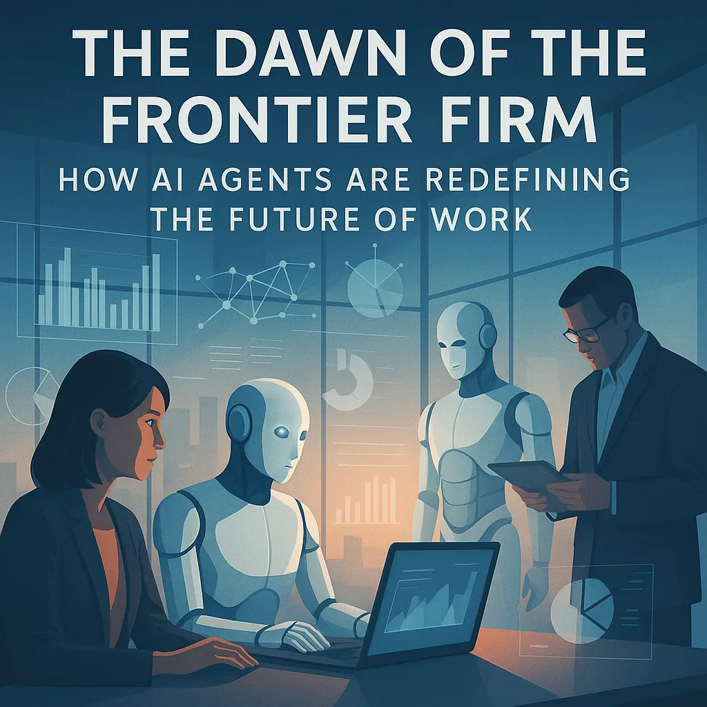 Illustration titled The Dawn of the Frontier Firm with people and humanoid robots in an office.