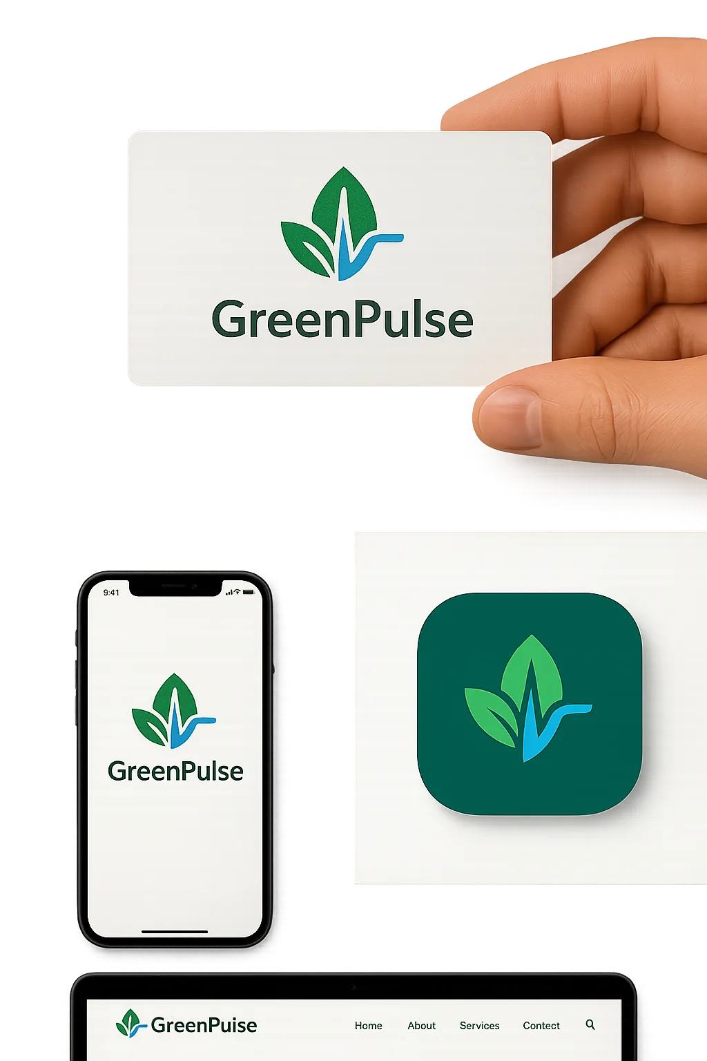 GreenPulse leaf logo branding shown on a business card, phone screen, app icon, and website.