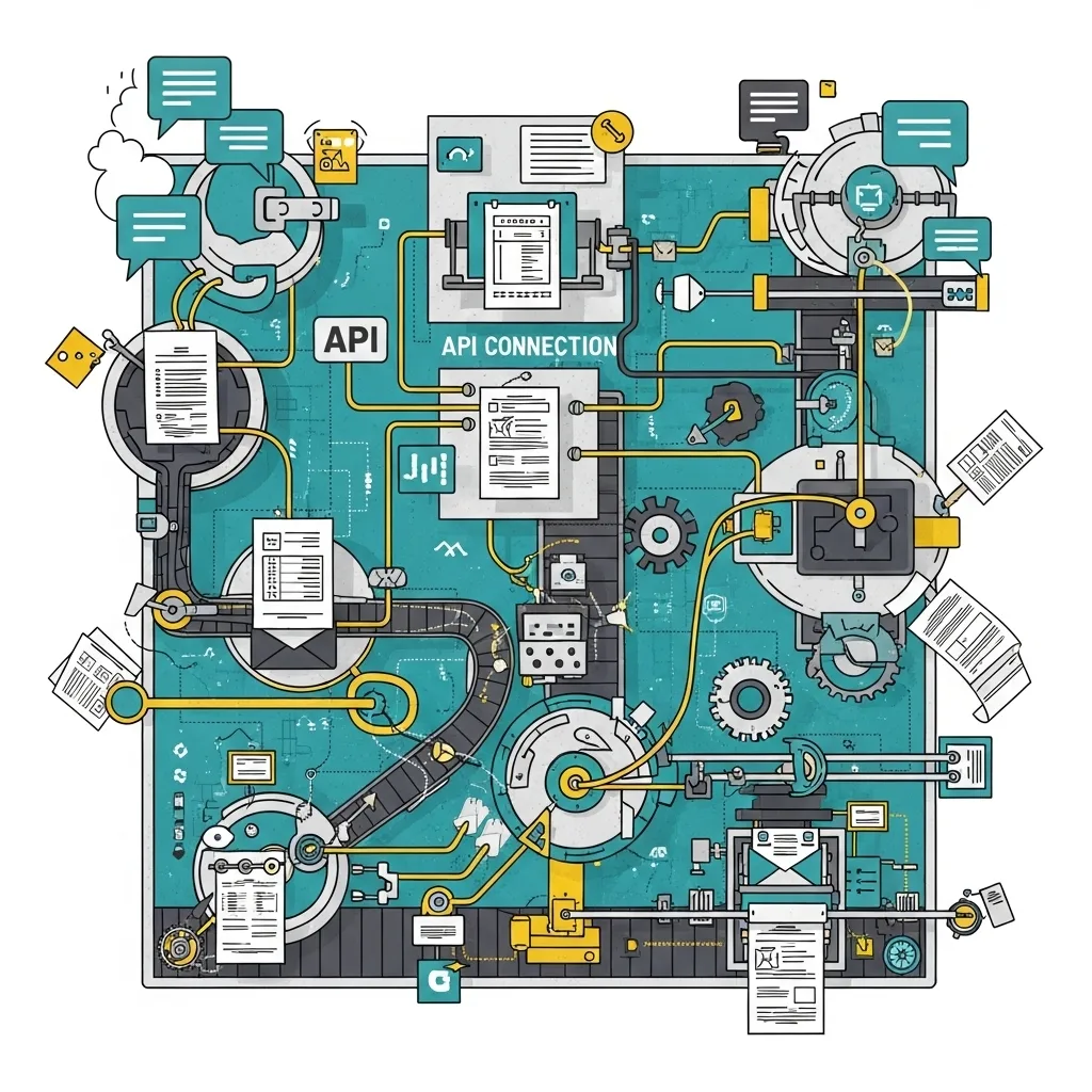 Teal technical illustration of machines, gears, documents and chat bubbles labeled API Connection.