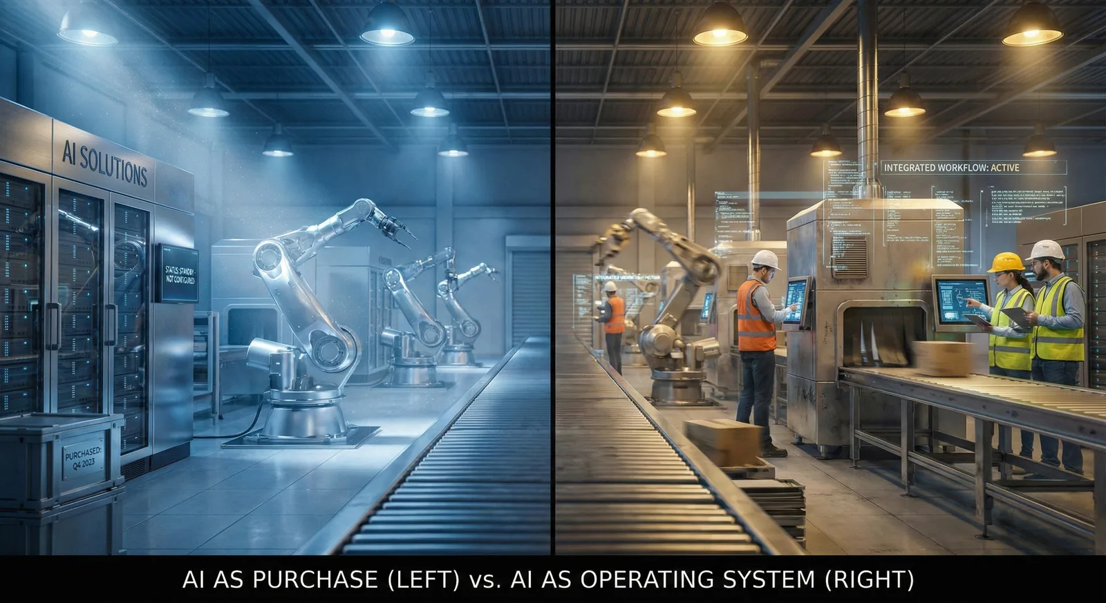 Split factory scene, idle robotic arms labeled AI Solutions left, workers using machines right, caption AI as purchase versus operating system